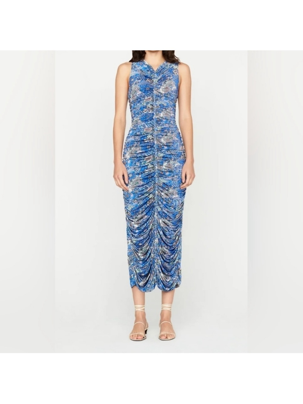 Marie Oliver Blue Floral Ruched V-Neck Midi Dress